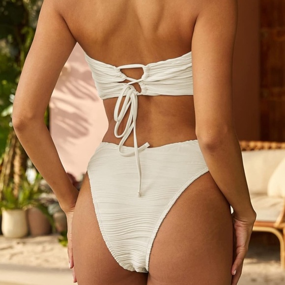 ~Strapless Wave Bandeau Bikini 2 Piece Swimwear Cheeky Solid Lace up~ - Picture 3 of 8